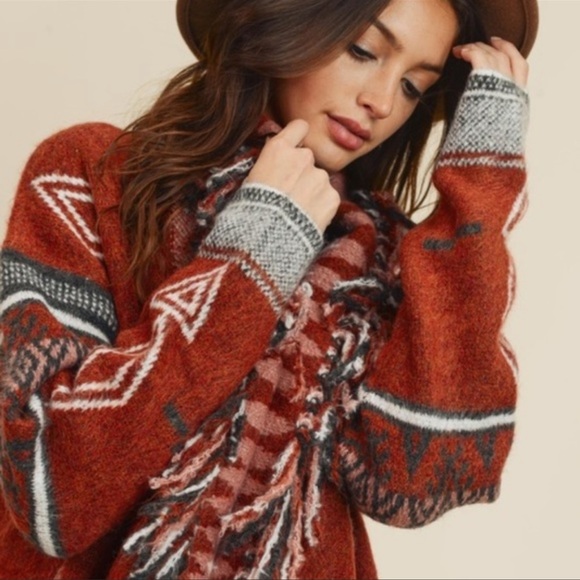 New Cowichan Fringe knit Sweater Blanket Cardigan Tribal Native Print Retro Rust - Picture 2 of 5